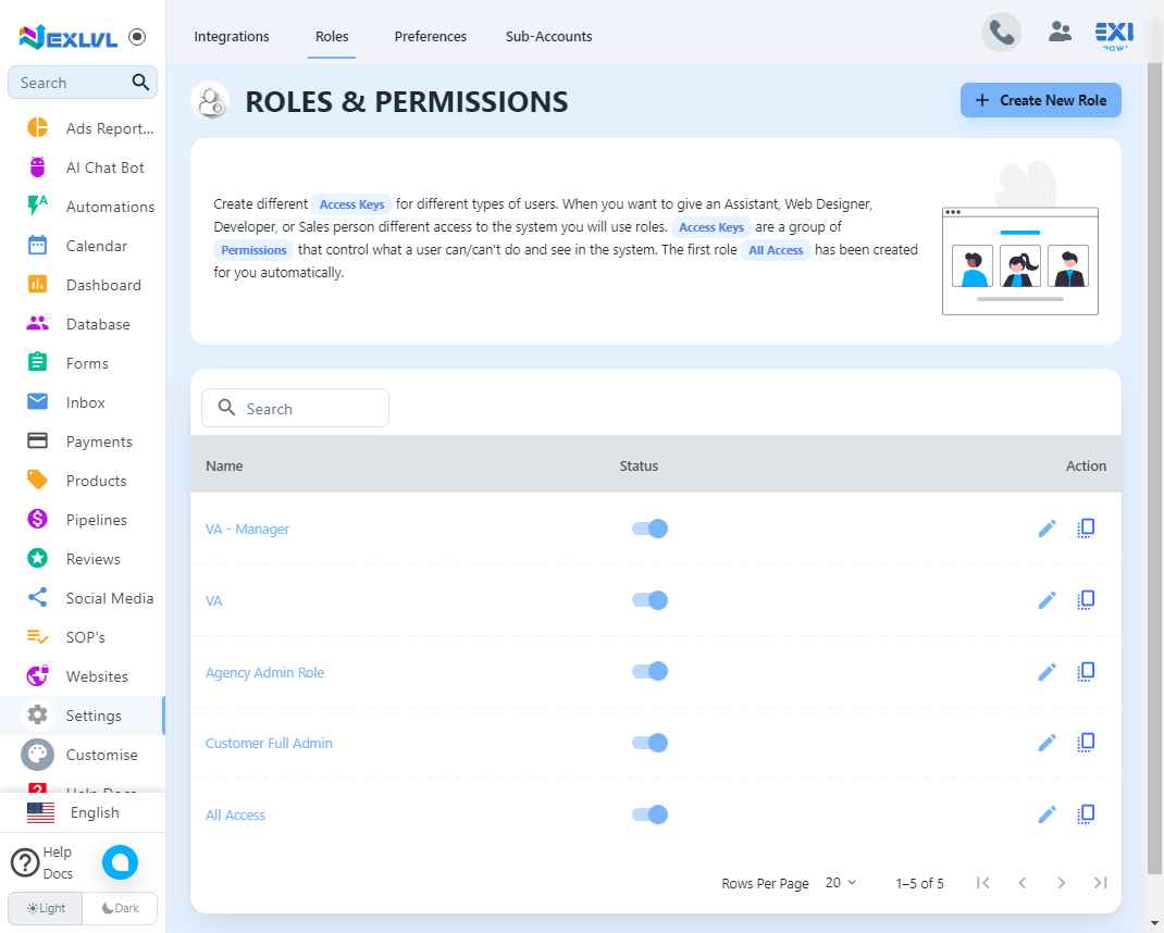 Settings Overview  - Roles Tab